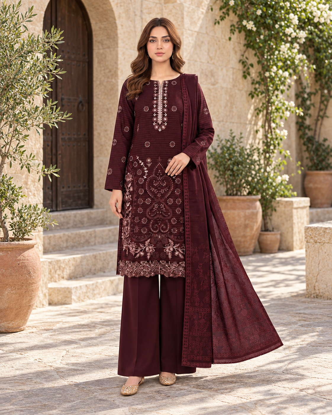Luxury Dhanak Velvet Chamki 3-Piece Suit | Winter Collection