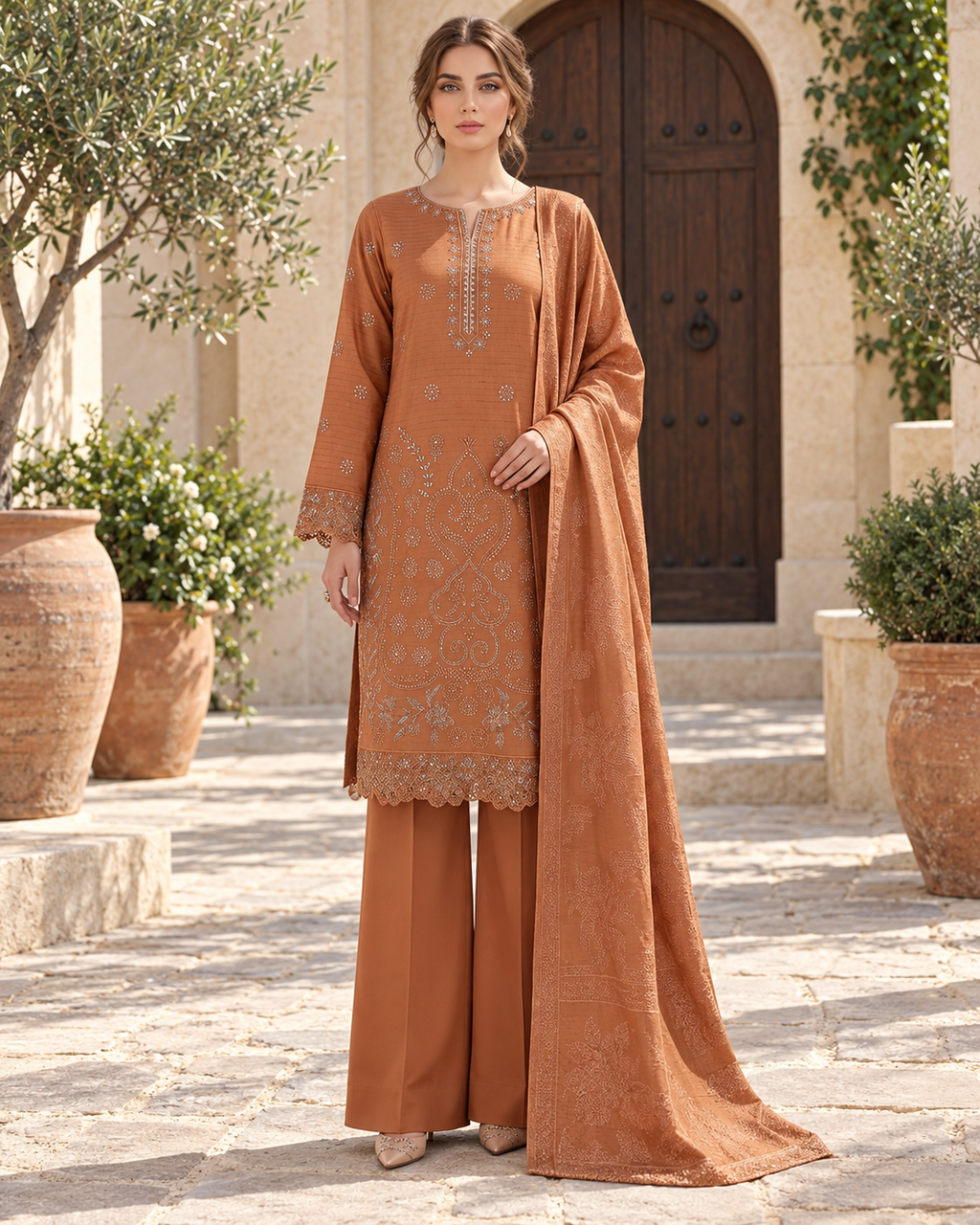 Luxury Dhanak Velvet Chamki 3-Piece Suit | Winter Collection