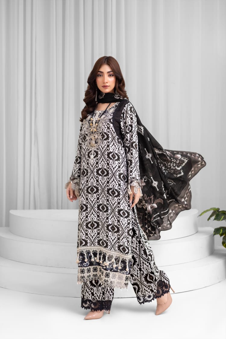 3 Piece Digital Printed Linen Suit with Embroidered Patches & Wool Shawl