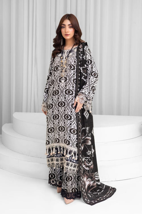 3 Piece Digital Printed Linen Suit with Embroidered Patches & Wool Shawl