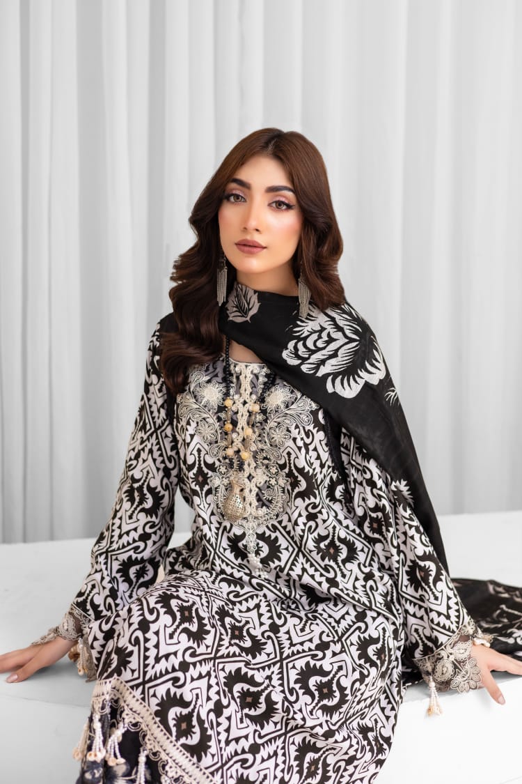 3 Piece Digital Printed Linen Suit with Embroidered Patches & Wool Shawl