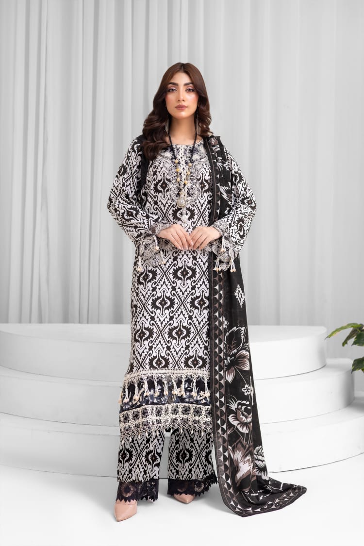 3 Piece Digital Printed Linen Suit with Embroidered Patches & Wool Shawl