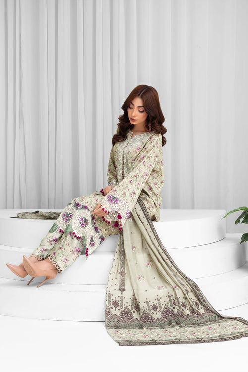 3 Piece Digital Printed Linen Suit with Embroidered Patches & Wool Shawl