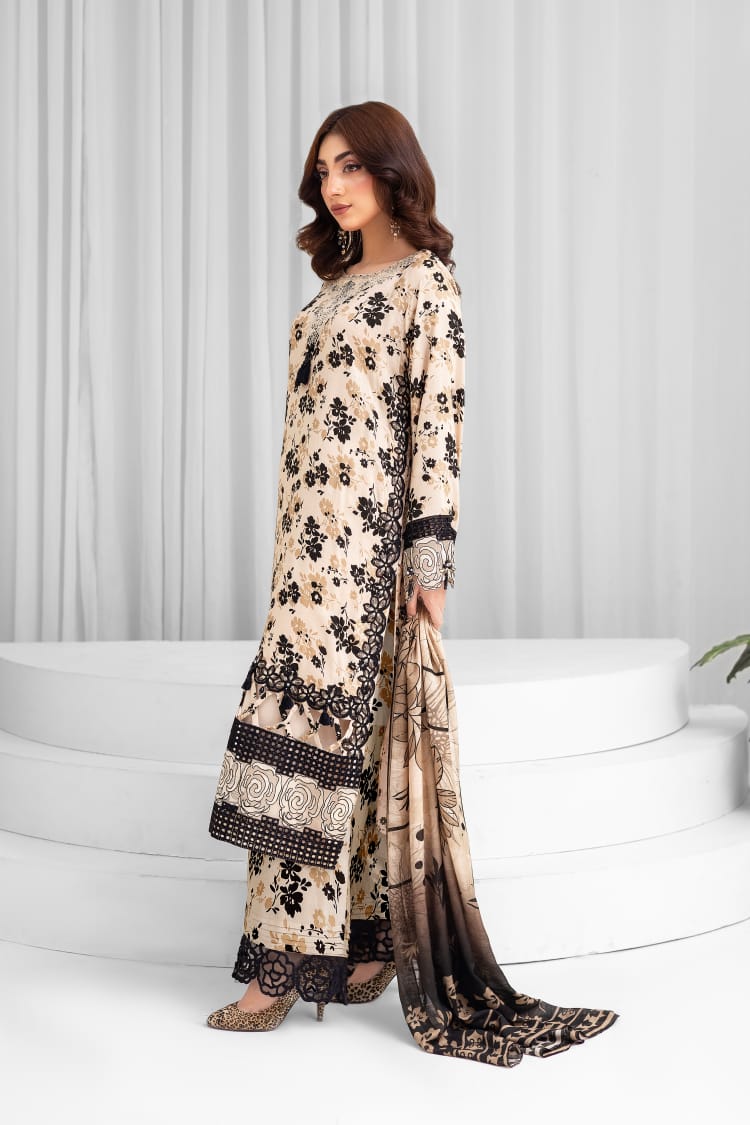3 Piece Digital Printed Linen Suit with Embroidered Patches & Wool Shawl