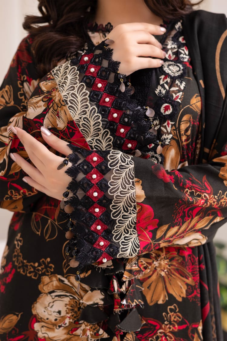 3 Piece Digital Printed Linen Suit with Embroidered Patches & Wool Shawl