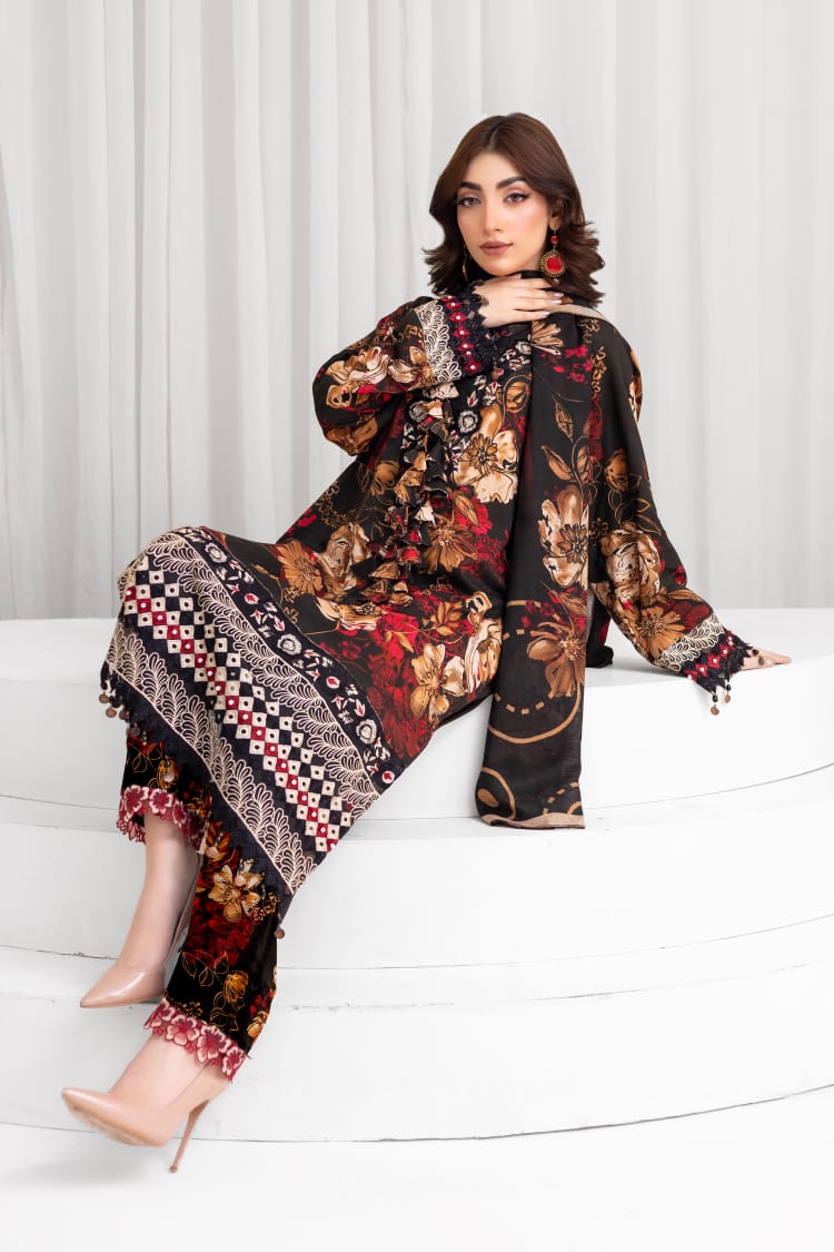 3 Piece Digital Printed Linen Suit with Embroidered Patches & Wool Shawl