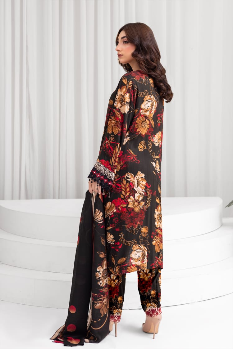 3 Piece Digital Printed Linen Suit with Embroidered Patches & Wool Shawl