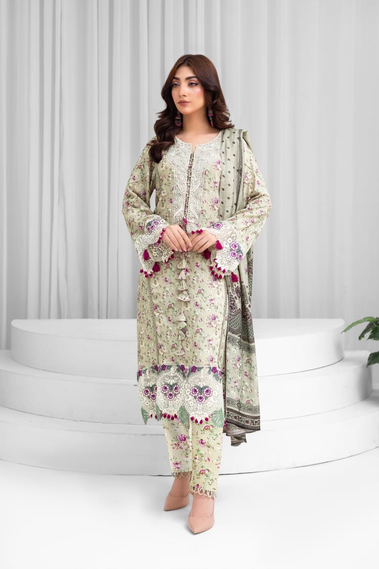 3 Piece Digital Printed Linen Suit with Embroidered Patches & Wool Shawl