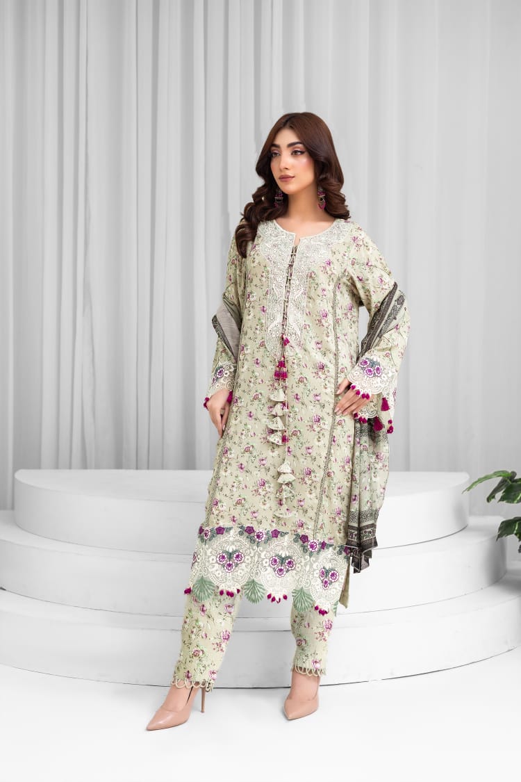 3 Piece Digital Printed Linen Suit with Embroidered Patches & Wool Shawl