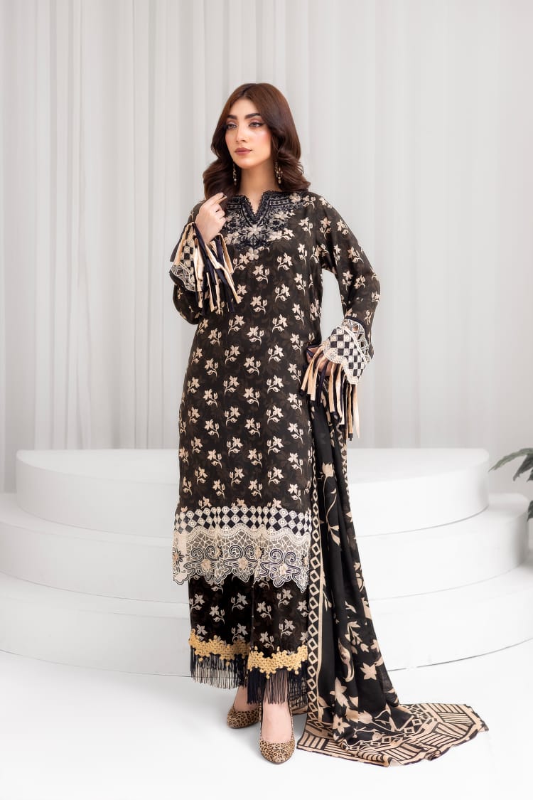 3 Piece Digital Printed Linen Suit with Embroidered Patches & Wool Shawl