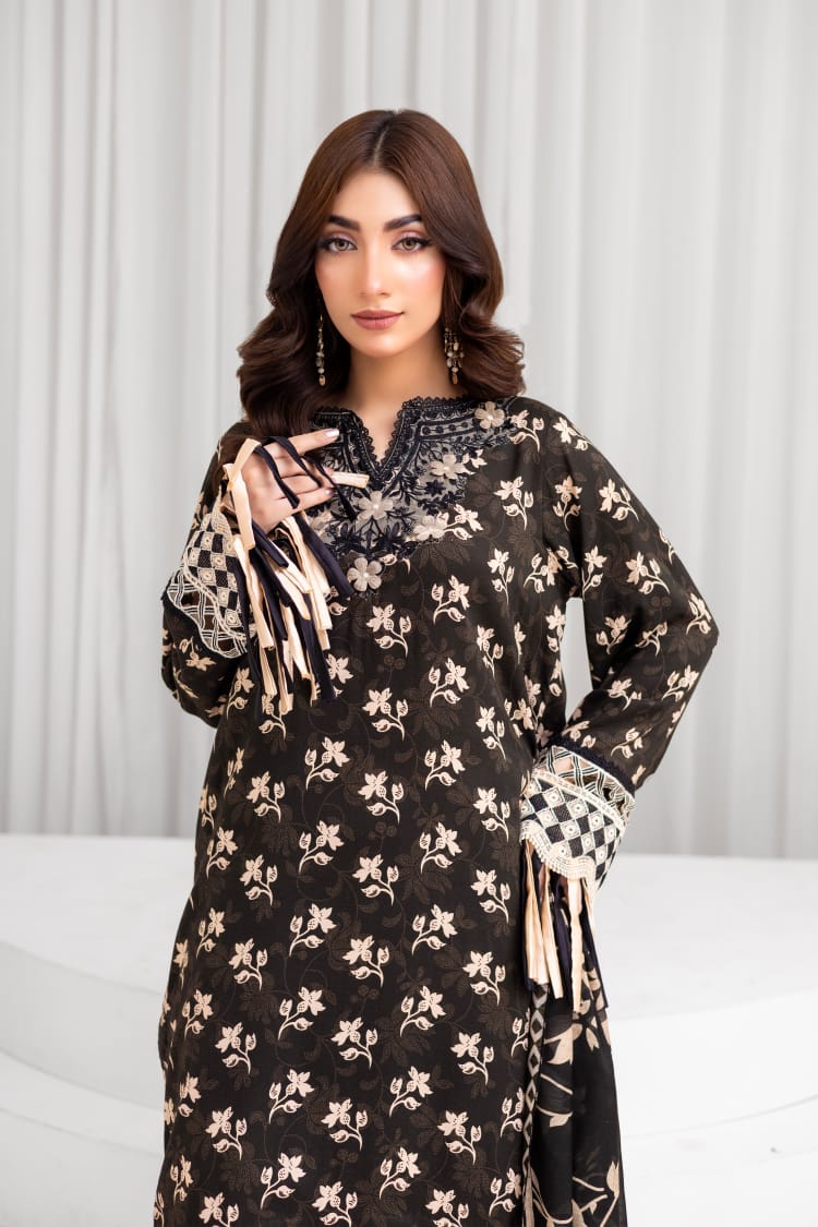 3 Piece Digital Printed Linen Suit with Embroidered Patches & Wool Shawl