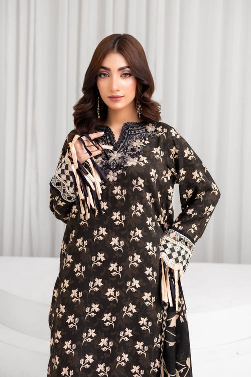3 Piece Digital Printed Linen Suit with Embroidered Patches & Wool Shawl