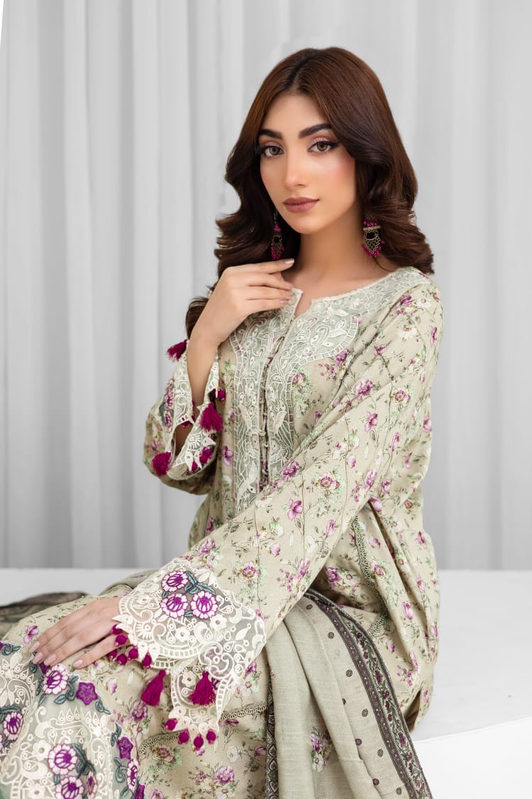3 Piece Digital Printed Linen Suit with Embroidered Patches & Wool Shawl