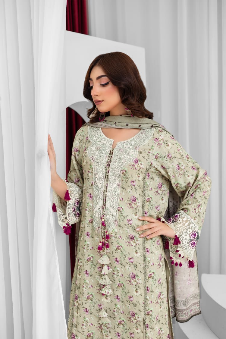 3 Piece Digital Printed Linen Suit with Embroidered Patches & Wool Shawl