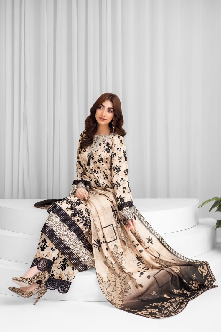 3 Piece Digital Printed Linen Suit with Embroidered Patches & Wool Shawl