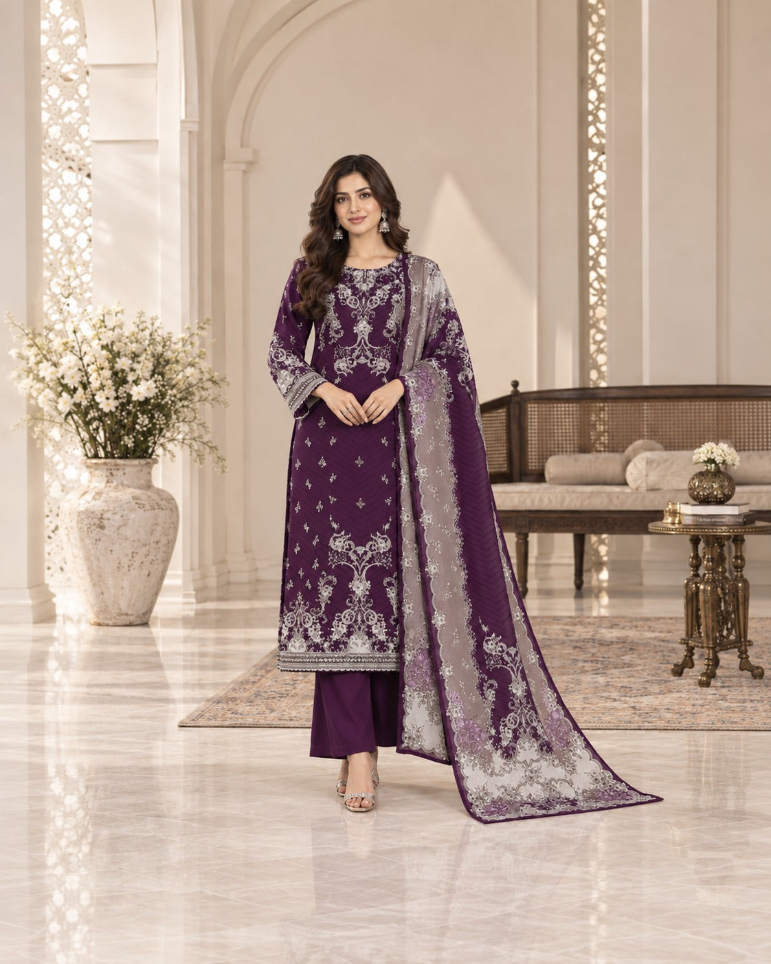 Premium Digital Printed Linen 3-Piece Suit for Women